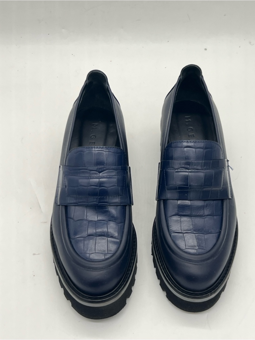 M. Gemi Navy Croc-Embossed Leather Penny Loafers - Picture 3 of 9